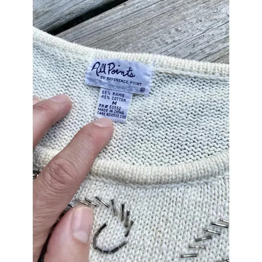 Vintage Beaded Sequin Cream Sweater Top Womens Medium All Points Reference Point - Picture 4 of 4